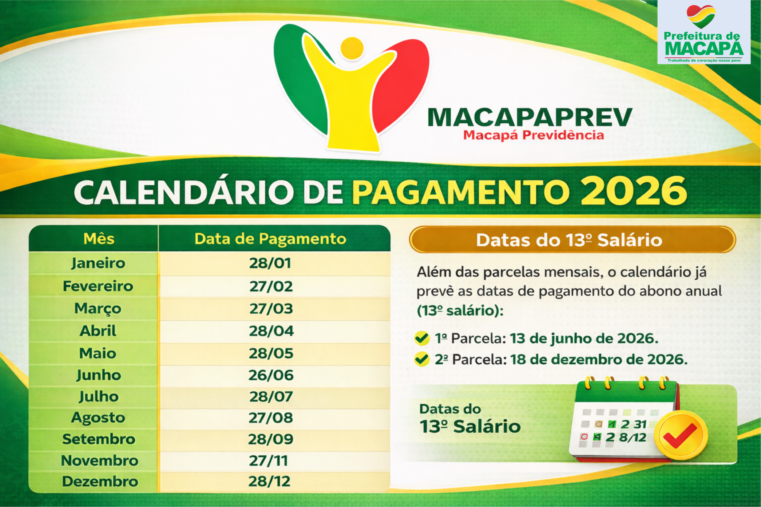 Macapaprev divulga Calendário de Pagamento para o ano de 2026
